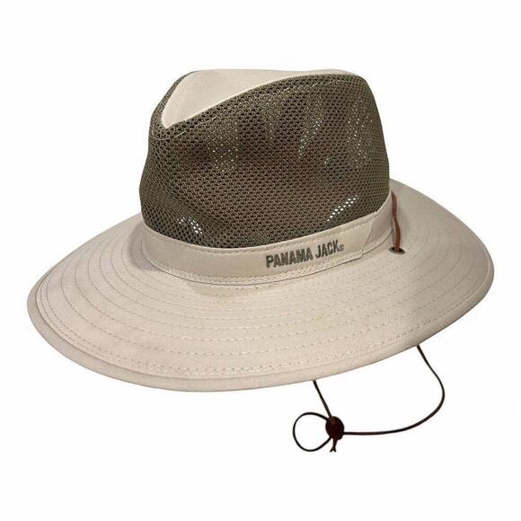 Panama Jack Mesh Khaki Tan Safari Sun Hat 3" Brim Leather Chin Strap SPF Unisex - Picture 8 of 11